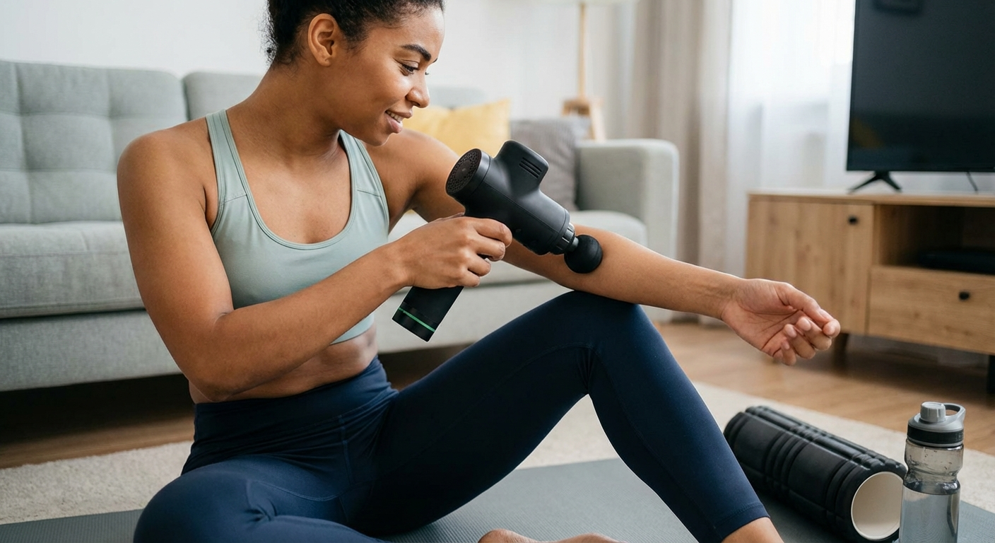 Percussion massage gun being used on forearm