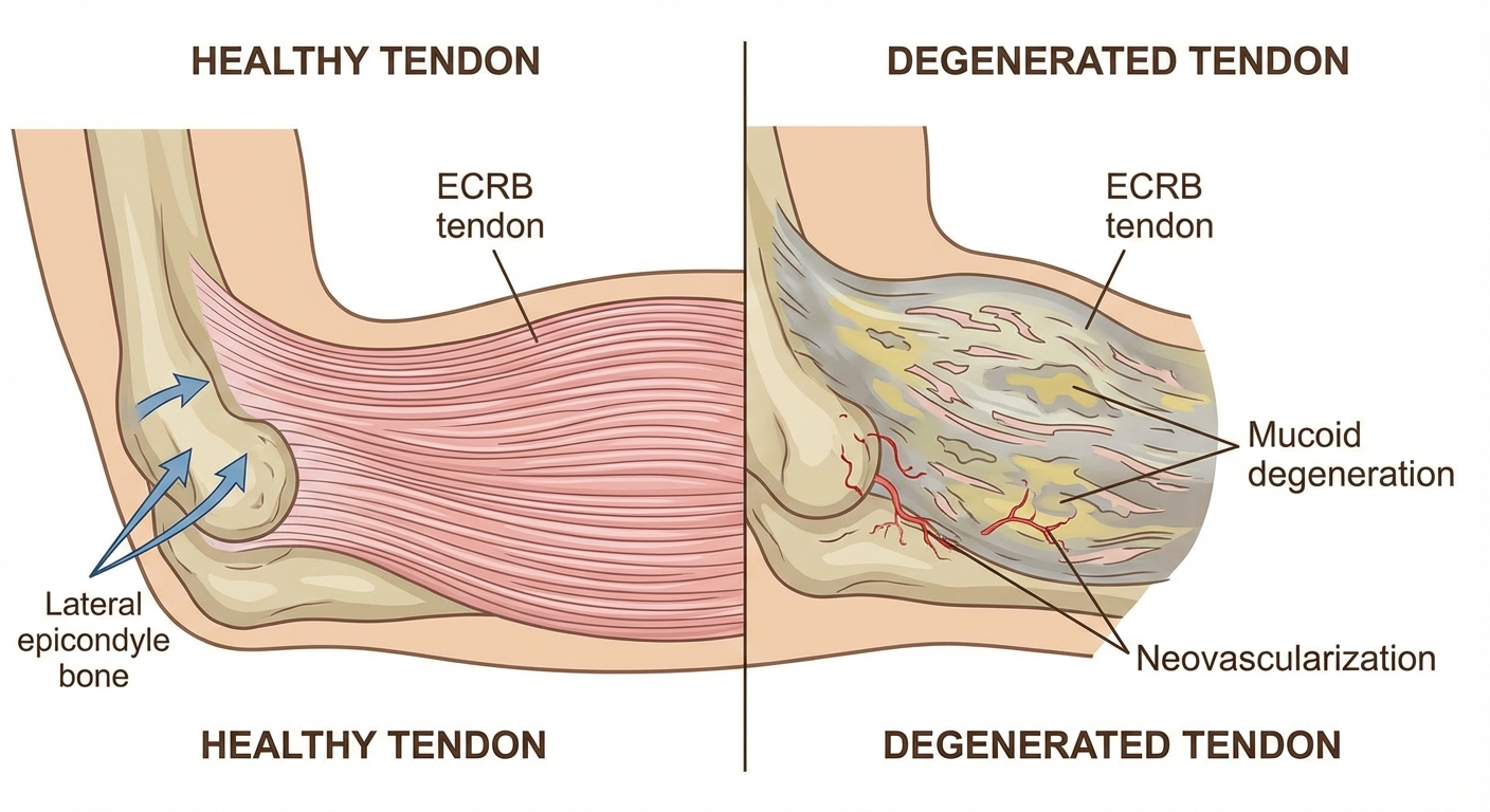 Cross-section of lateral epicondyle showing healthy organized tendon fibers on left versus degenerated disorganized collagen on right
