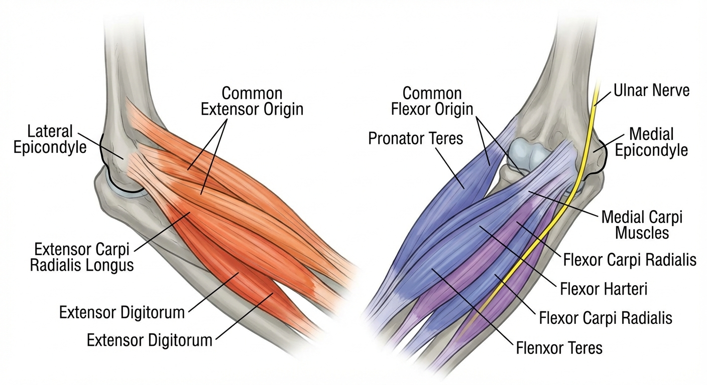 Anterior elbow anatomy with orange-red extensor muscles at lateral epicondyle and blue-purple flexor muscles at medial epicondyle, ulnar nerve in yellow