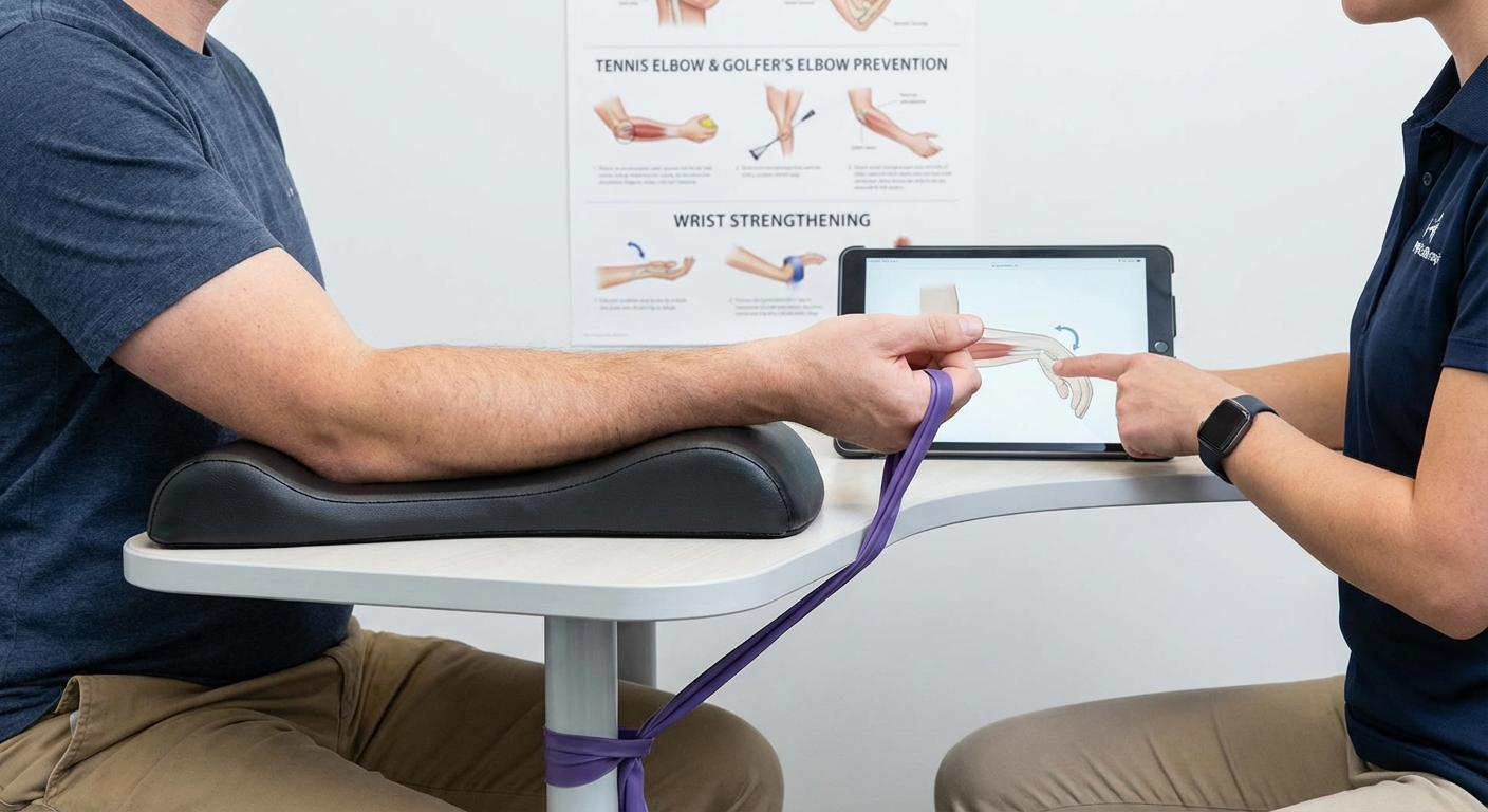 Tennis elbow prevention exercises — proper wrist strengthening and ergonomic desk setup for forearm health