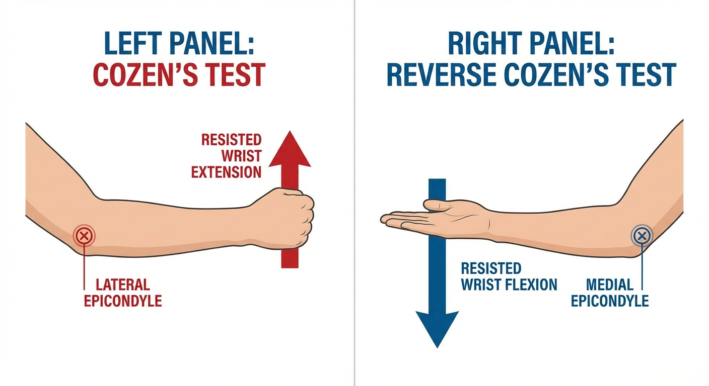 Two-panel self-test: Cozen's test for tennis elbow on left with red pain indicator at lateral epicondyle, reverse Cozen's test for golfer's elbow on right with blue pain indicator at medial epicondyle