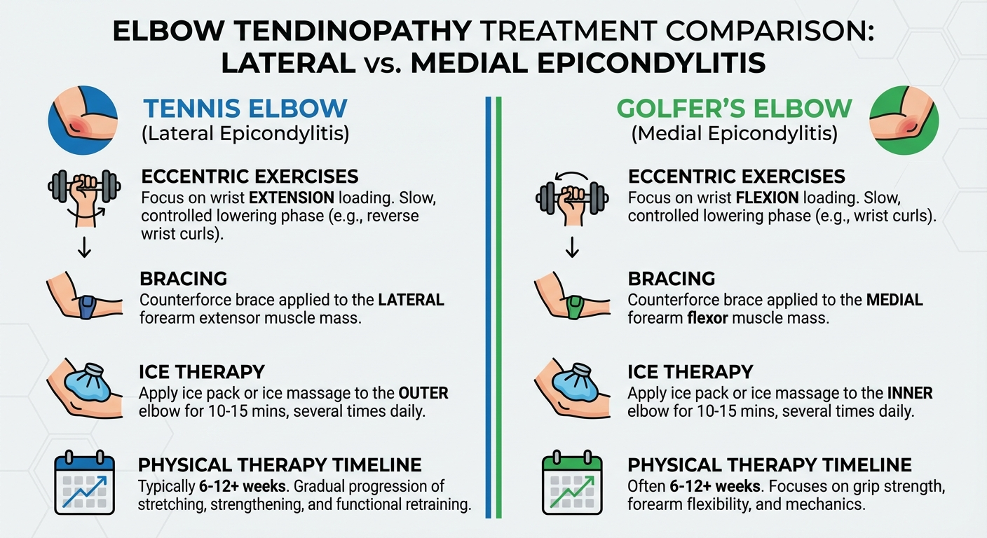 Tennis elbow vs golfers elbow treatment comparison infographic — side by side eccentric exercises, bracing, and therapy timelines