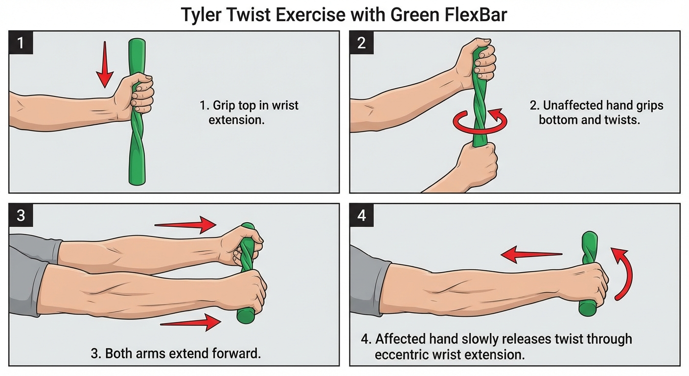 Step-by-step Tyler Twist exercise with green FlexBar: 4 panels showing grip, twist, extend, and slow eccentric release
