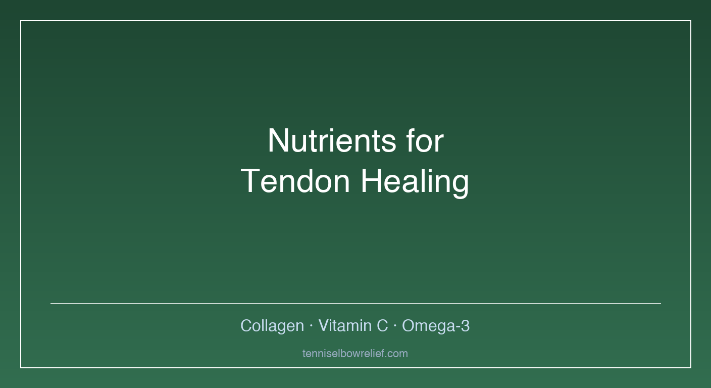 Infographic showing key nutrients for tendon healing including collagen, vitamin C, omega-3 fatty acids, and protein with food sources