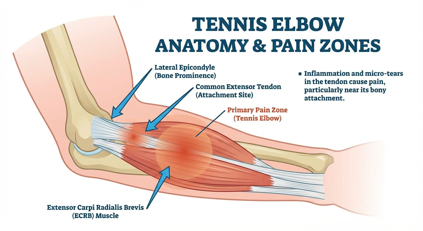 Medical infographic: Infographic showing the anatomy of the lateral epicondyle, common exte