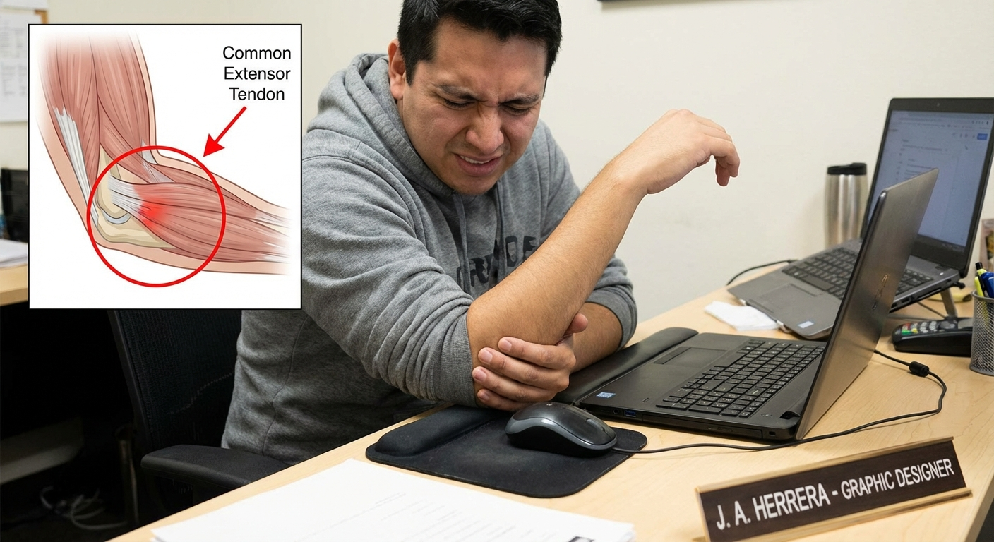 Contextual photo of a person holding their lateral elbow in pain while